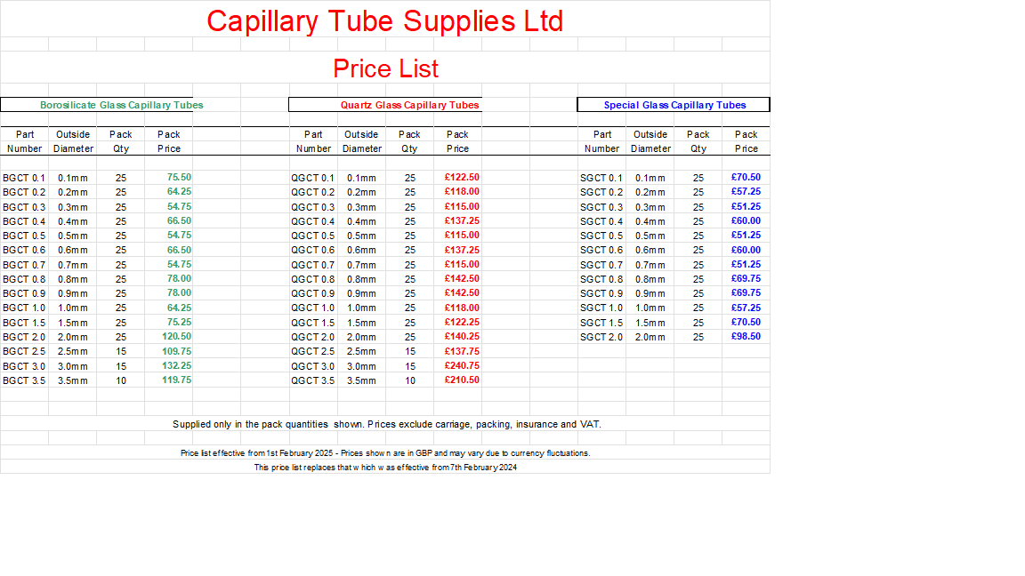 Price List - Effective 1st February 2025